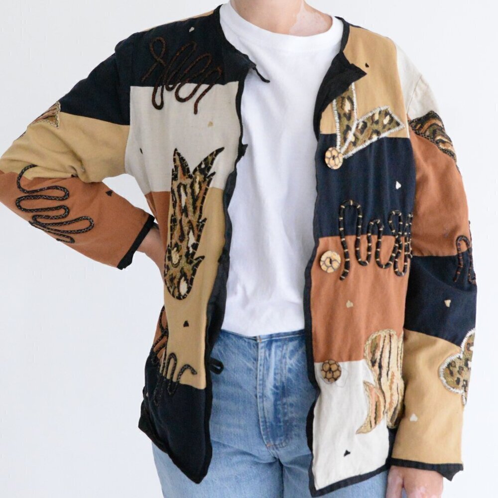 Vintage Allure Black Tan Embroidered Animal Print Patchwork Button Jacket L